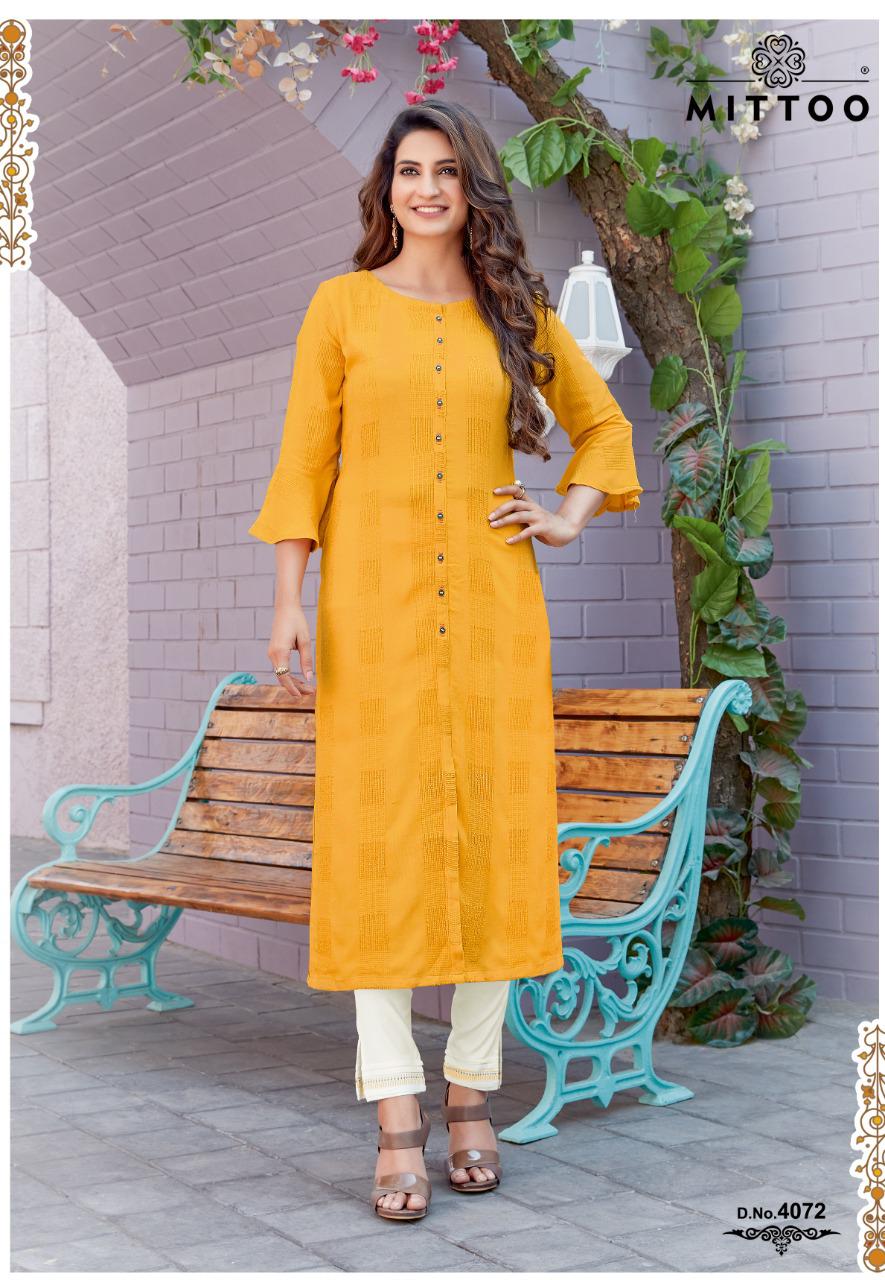 Mittoo Fashion Mohini Vol 8 Rayon Weaving Stripes Long Straight Type Casual Wear Kurtis And Bottoms Wholesale Dealer Surat