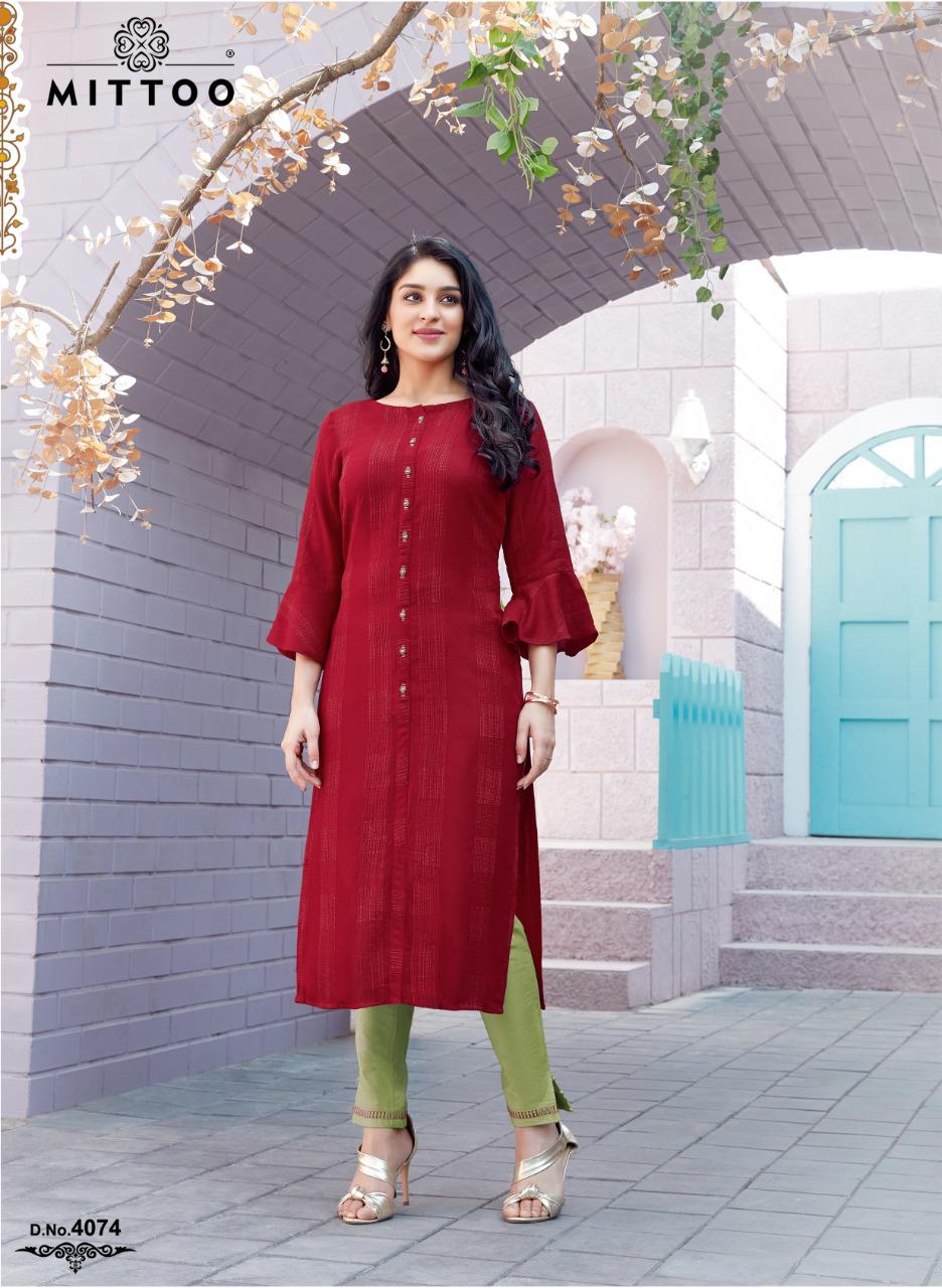 Mittoo Fashion Mohini Vol 8 Rayon Weaving Stripes Long Straight Type Casual Wear Kurtis And Bottoms Wholesale Dealer Surat