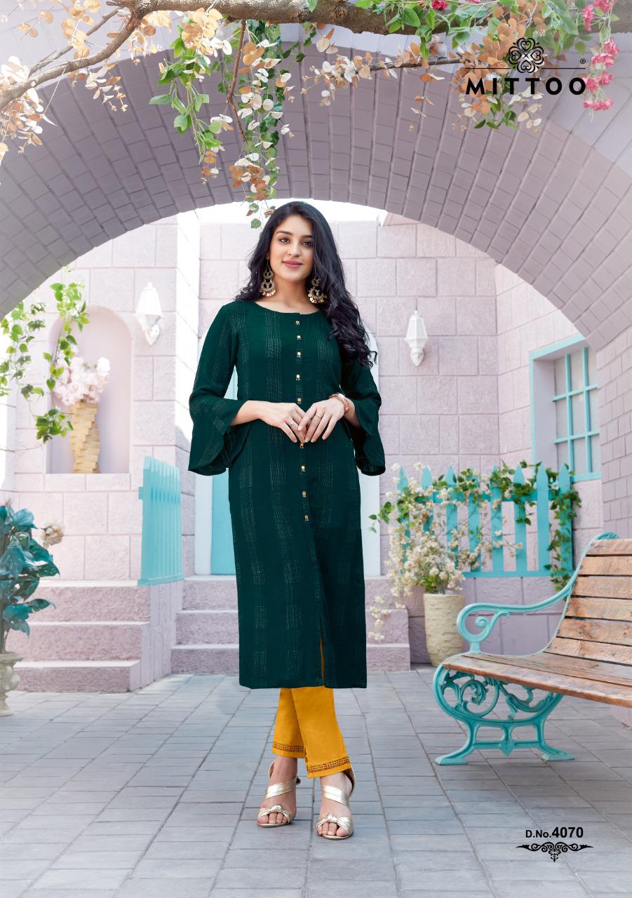 Mittoo Fashion Mohini Vol 8 Rayon Weaving Stripes Long Straight Type Casual Wear Kurtis And Bottoms Wholesale Dealer Surat