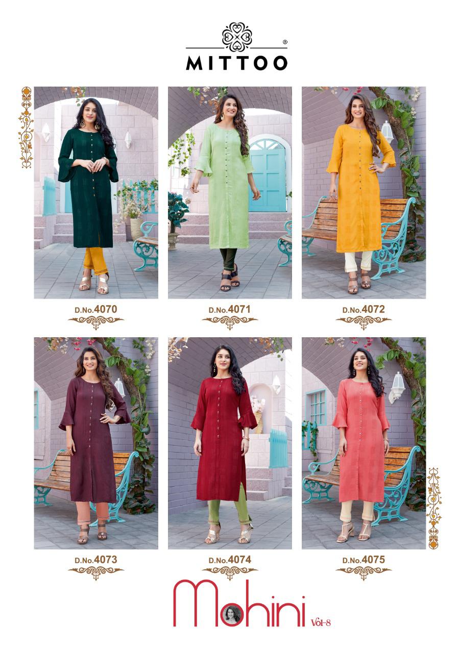Mittoo Fashion Mohini Vol 8 Rayon Weaving Stripes Long Straight Type Casual Wear Kurtis And Bottoms Wholesale Dealer Surat