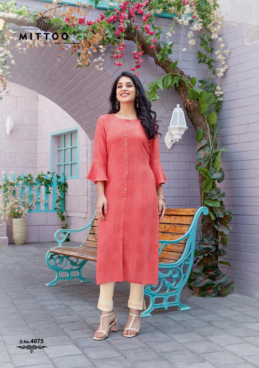 Mittoo Fashion Mohini Vol 8 Rayon Weaving Stripes Long Straight Type Casual Wear Kurtis And Bottoms Wholesale Dealer Surat