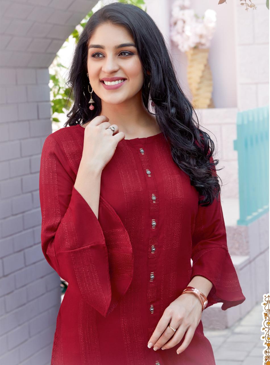 Mittoo Fashion Mohini Vol 8 Rayon Weaving Stripes Long Straight Type Casual Wear Kurtis And Bottoms Wholesale Dealer Surat