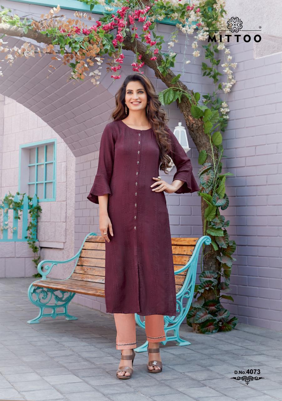 Mittoo Fashion Mohini Vol 8 Rayon Weaving Stripes Long Straight Type Casual Wear Kurtis And Bottoms Wholesale Dealer Surat