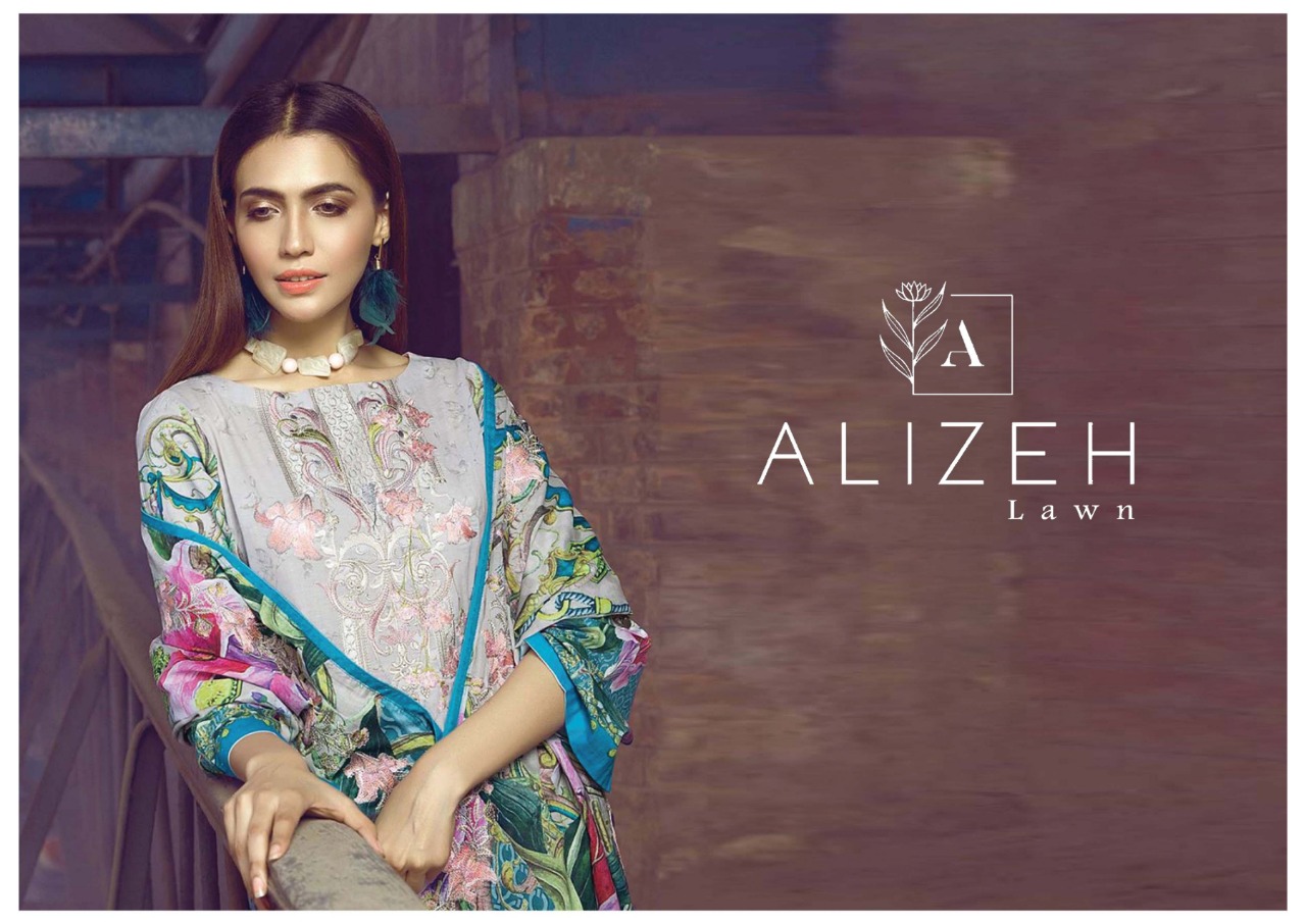 Alizeh Lawn Fabric Lawn With Fancy Designer Print Pakistani Style Dress Material Salwar Kameez Wholesale Dealer Surat
