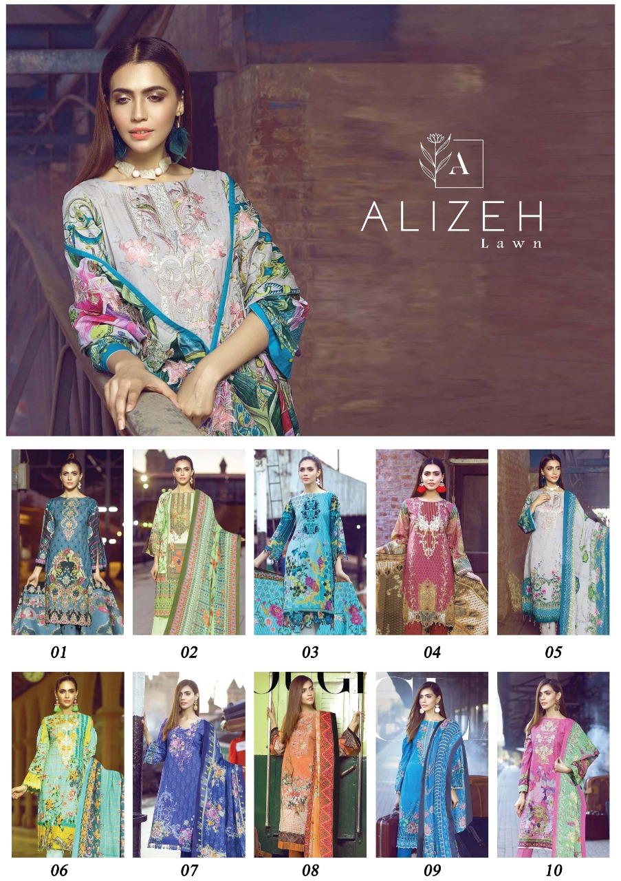 Alizeh Lawn Fabric Lawn With Fancy Designer Print Pakistani Style Dress Material Salwar Kameez Wholesale Dealer Surat