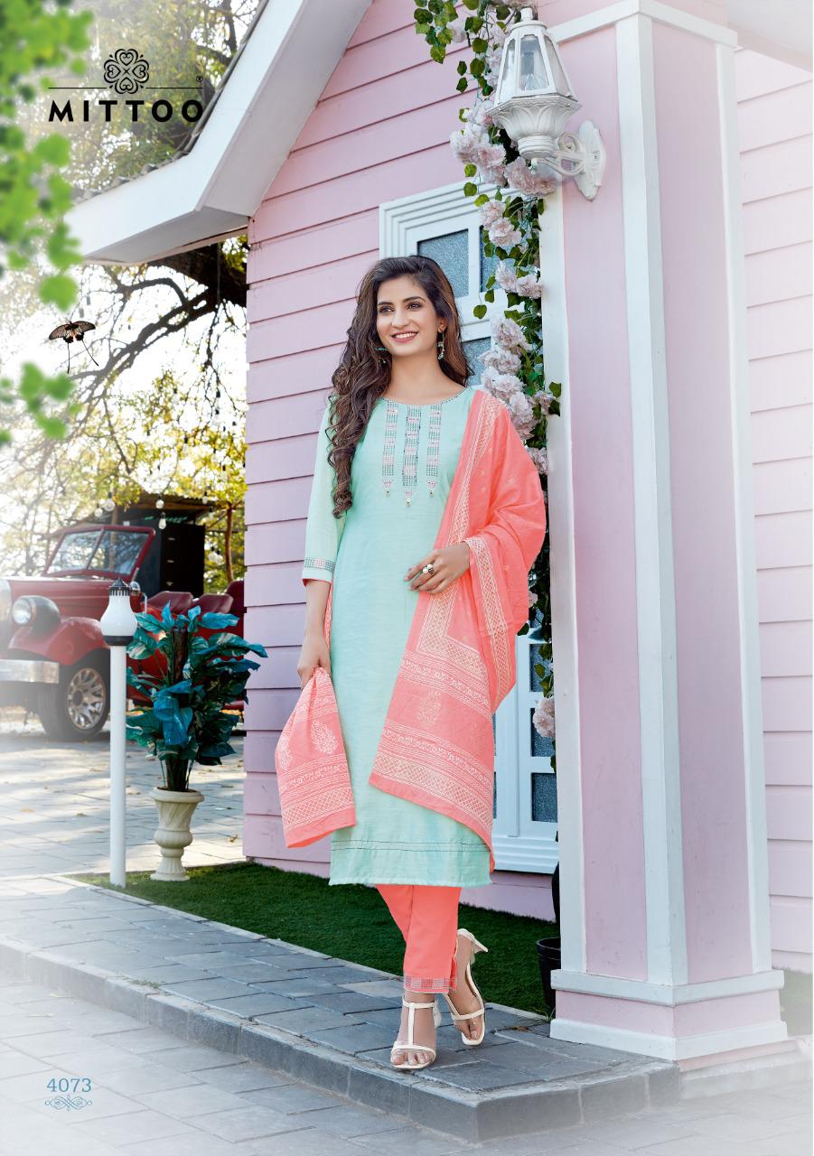 Mittoo Mahendi Vol3 Chinon Butti Handwork And Embroidery Work Casual Wear Readymade Kurti Wholesale Dealer Surat