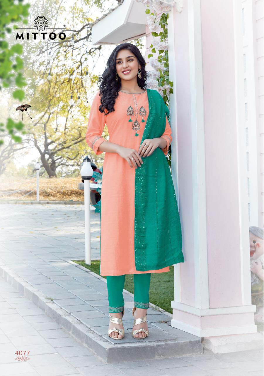 Mittoo Mahendi Vol3 Chinon Butti Handwork And Embroidery Work Casual Wear Readymade Kurti Wholesale Dealer Surat