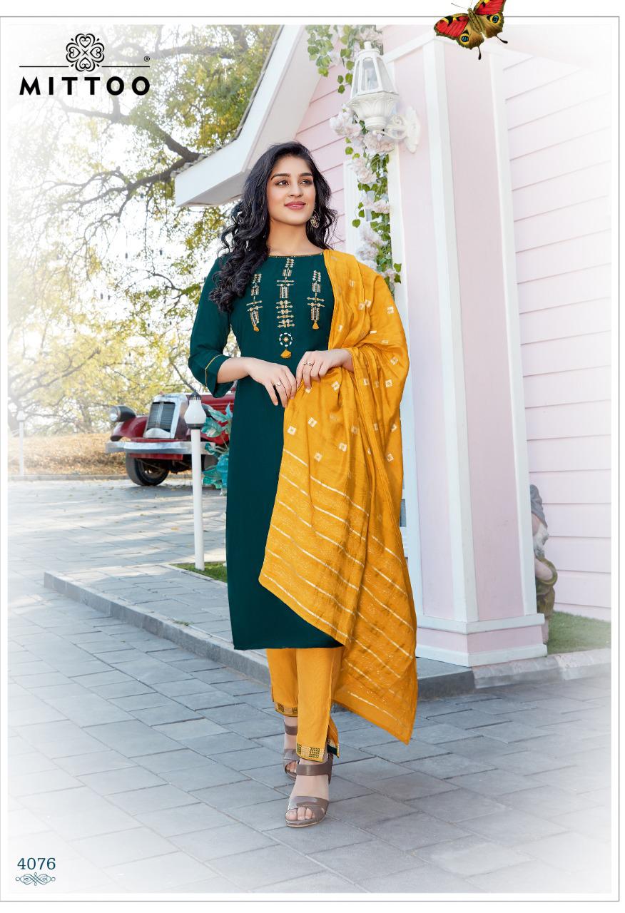 Mittoo Mahendi Vol3 Chinon Butti Handwork And Embroidery Work Casual Wear Readymade Kurti Wholesale Dealer Surat