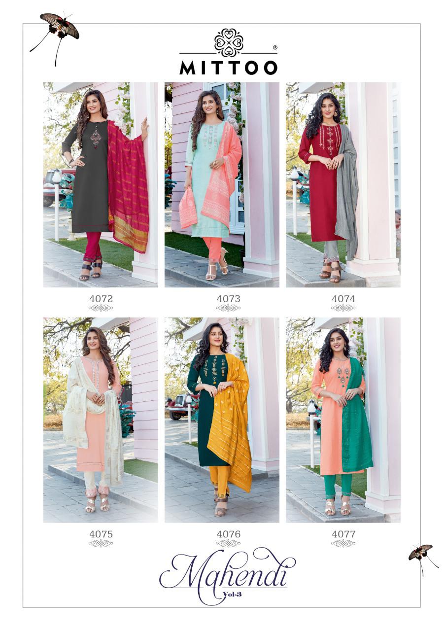 Mittoo Mahendi Vol3 Chinon Butti Handwork And Embroidery Work Casual Wear Readymade Kurti Wholesale Dealer Surat