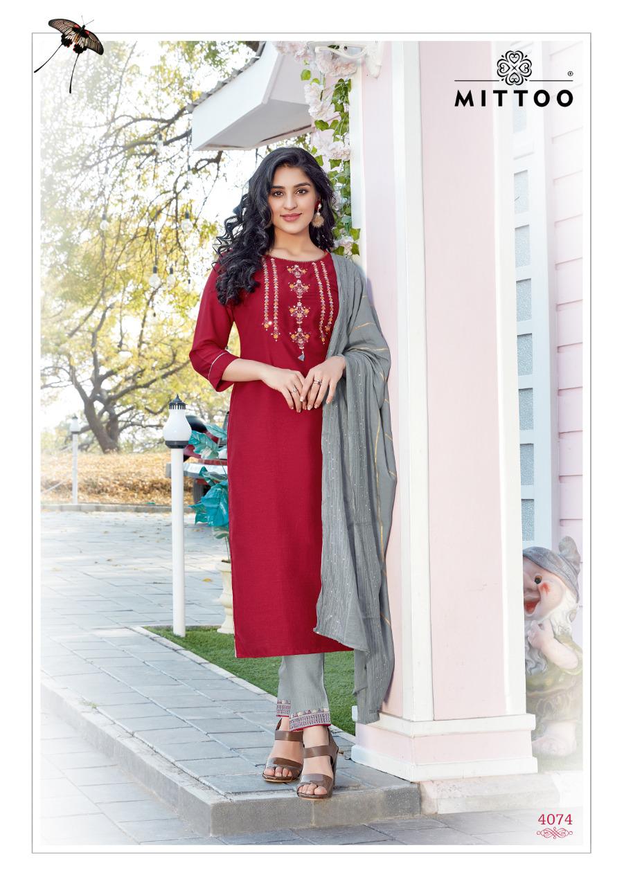 Mittoo Mahendi Vol3 Chinon Butti Handwork And Embroidery Work Casual Wear Readymade Kurti Wholesale Dealer Surat
