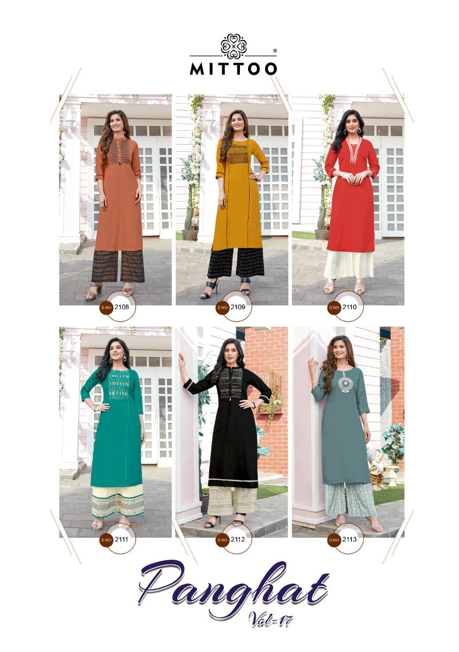 Mittoo Panghat Vol 17 Heavy Rayon With Embroidery And Hand Work Long Straight Type Casual Wear Readymade Kurtis And Plazzo Wholesaler Dealer Surat