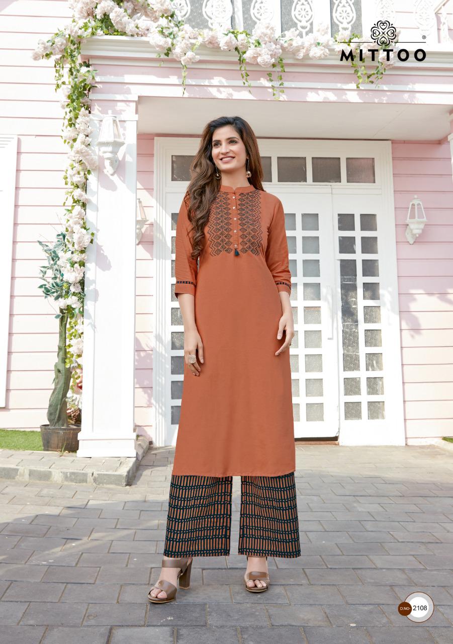 Mittoo Panghat Vol 17 Heavy Rayon With Embroidery And Hand Work Long Straight Type Casual Wear Readymade Kurtis And Plazzo Wholesaler Dealer Surat