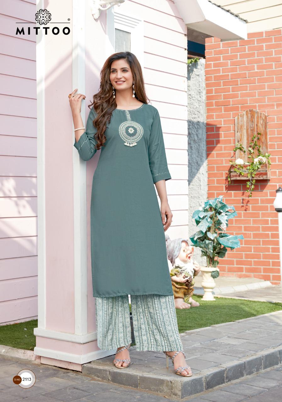 Mittoo Panghat Vol 17 Heavy Rayon With Embroidery And Hand Work Long Straight Type Casual Wear Readymade Kurtis And Plazzo Wholesaler Dealer Surat