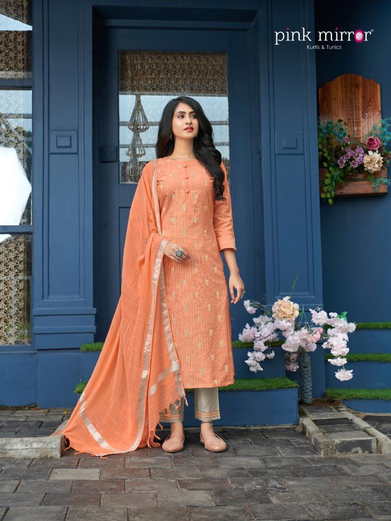 Pink Mirror Mint Viscose Lurex With Foil Print Long Straight Type Casual Wear Kurtis Wholesale Dealer Surat