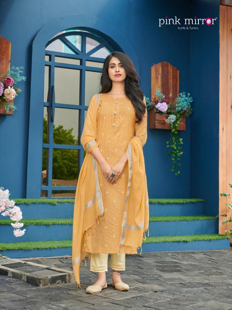 Pink Mirror Mint Viscose Lurex With Foil Print Long Straight Type Casual Wear Kurtis Wholesale Dealer Surat