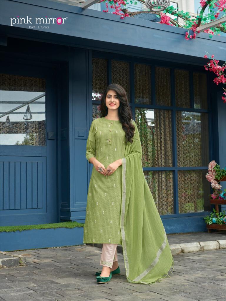 Pink Mirror Mint Viscose Lurex With Foil Print Long Straight Type Casual Wear Kurtis Wholesale Dealer Surat