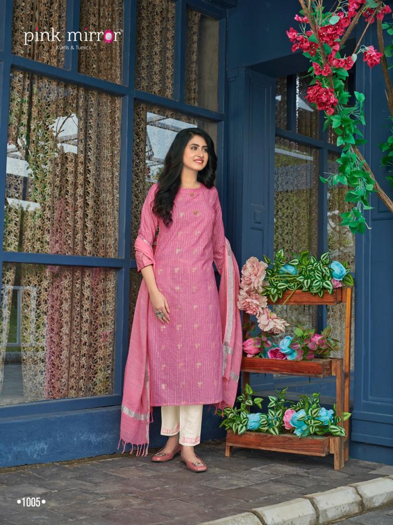 Pink Mirror Mint Viscose Lurex With Foil Print Long Straight Type Casual Wear Kurtis Wholesale Dealer Surat