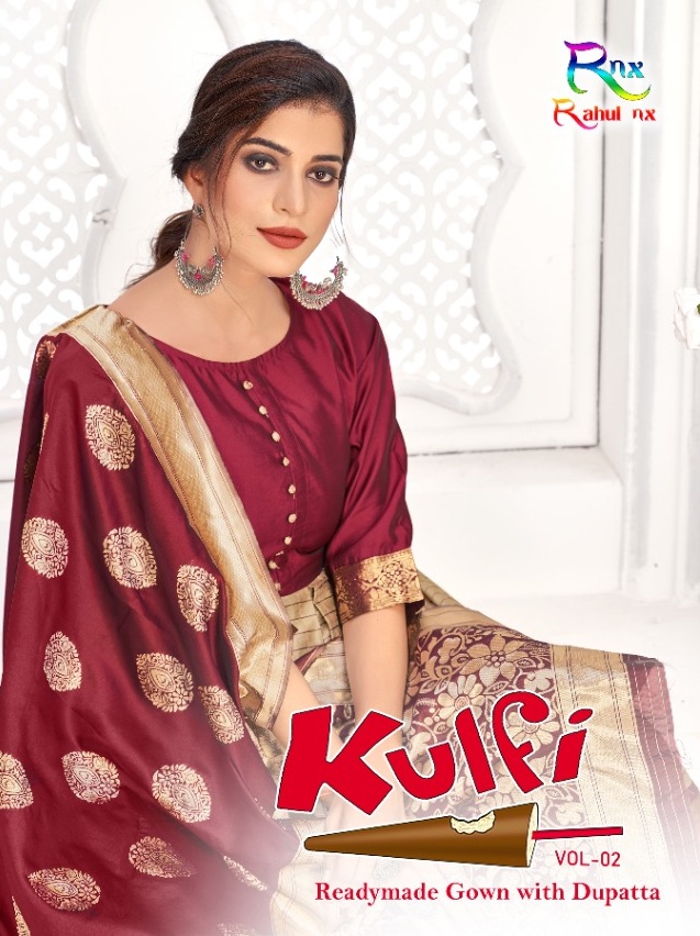 Rahul Nx Kulfi Vol 2 Banarasi Silk Jacquard Long Gown Style Party Wear Ready Made Kurtis Wholesale Dealer Surat