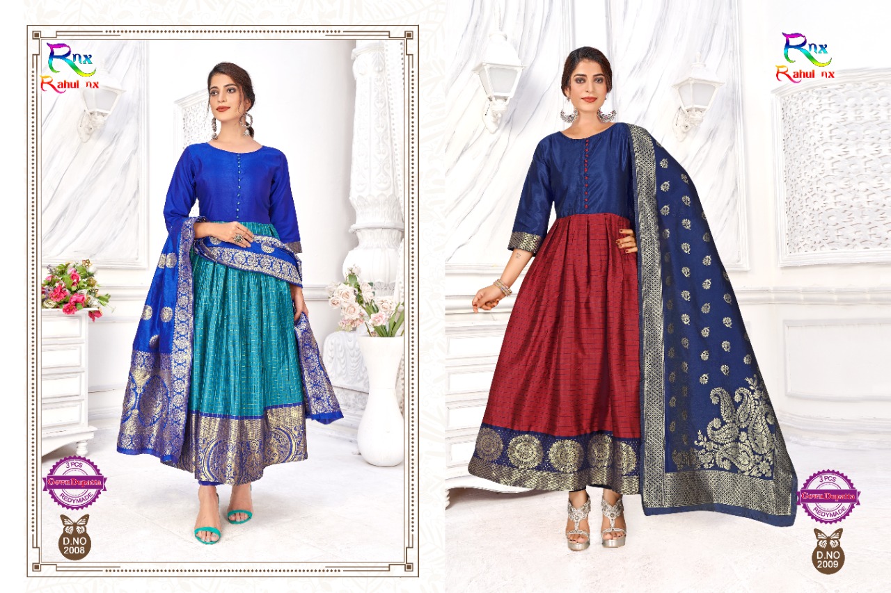 Rahul Nx Kulfi Vol 2 Banarasi Silk Jacquard Long Gown Style Party Wear Ready Made Kurtis Wholesale Dealer Surat
