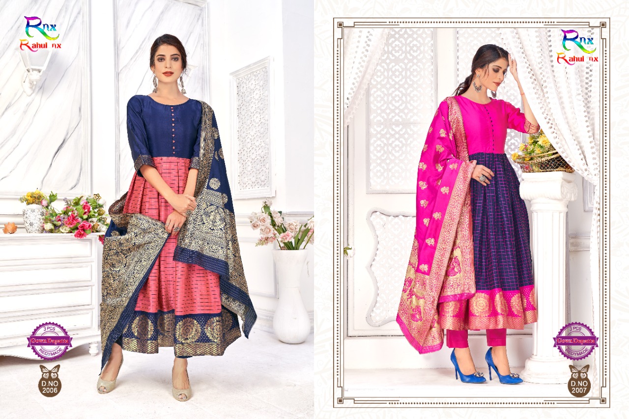 Rahul Nx Kulfi Vol 2 Banarasi Silk Jacquard Long Gown Style Party Wear Ready Made Kurtis Wholesale Dealer Surat
