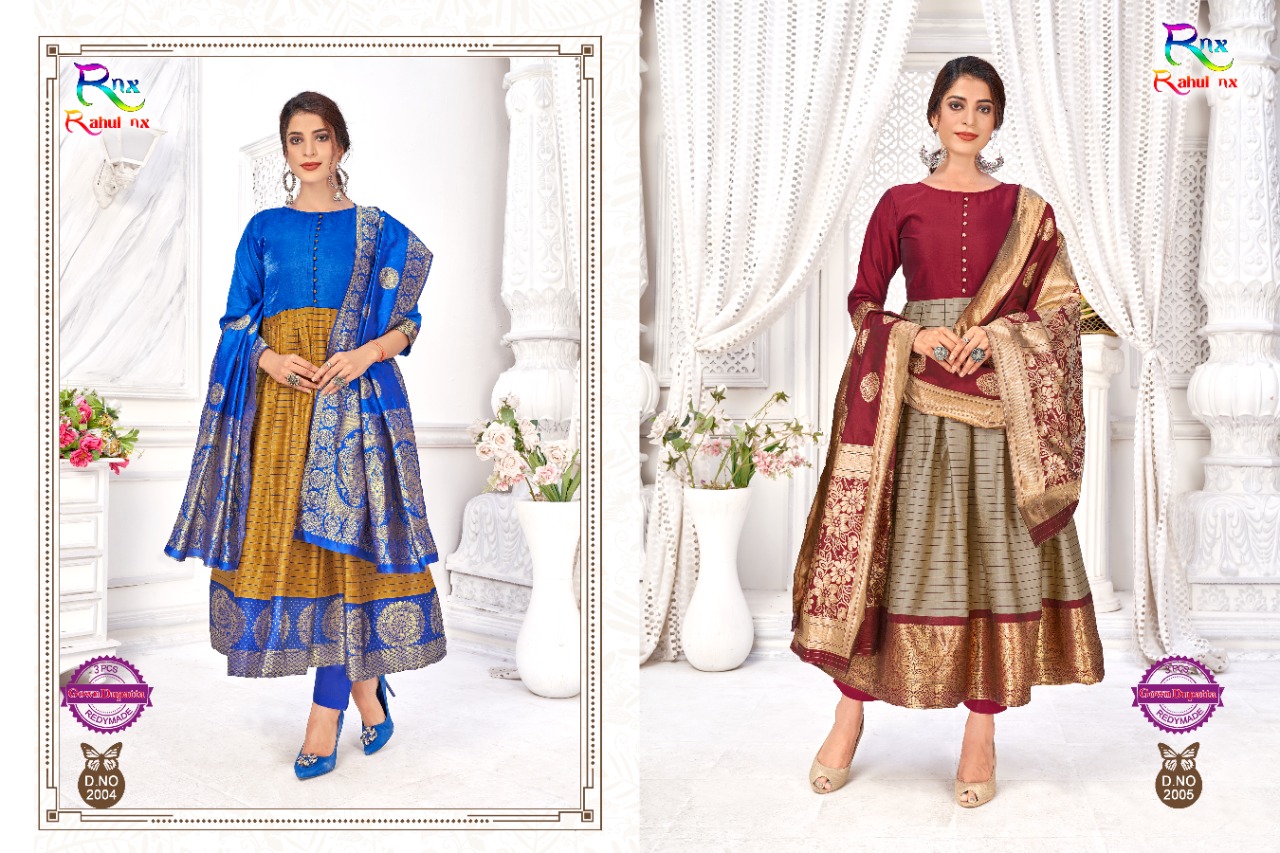Rahul Nx Kulfi Vol 2 Banarasi Silk Jacquard Long Gown Style Party Wear Ready Made Kurtis Wholesale Dealer Surat