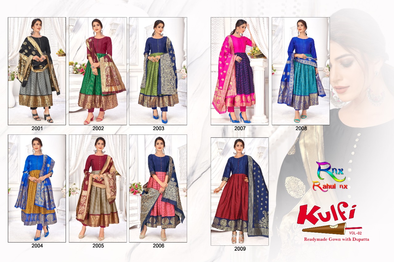 Rahul Nx Kulfi Vol 2 Banarasi Silk Jacquard Long Gown Style Party Wear Ready Made Kurtis Wholesale Dealer Surat