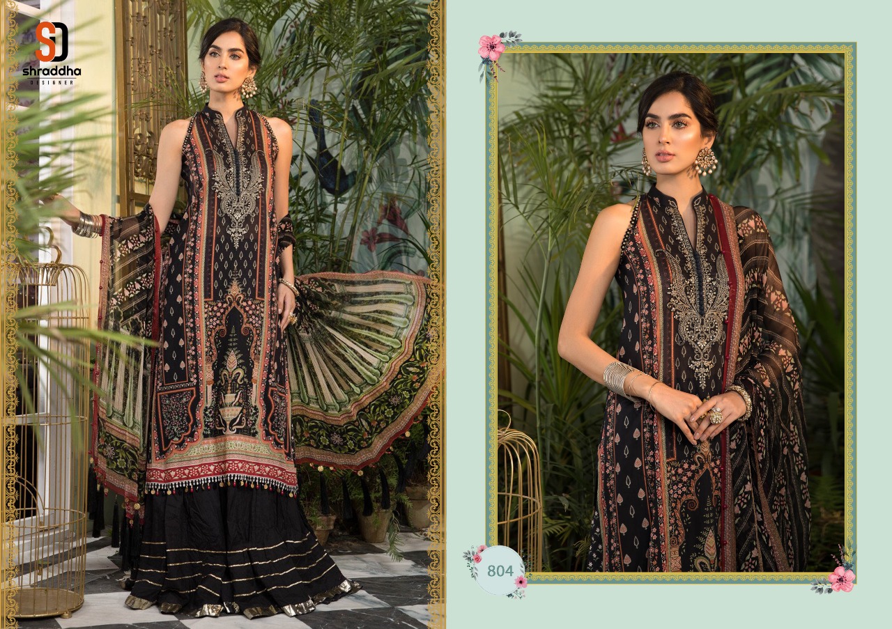 Shraddha Designer M Print Vol 8 Lawn Cotton Printed With Heavy Embroidery Work Pakisatni Style Salwar Suits Wholesaler Surat