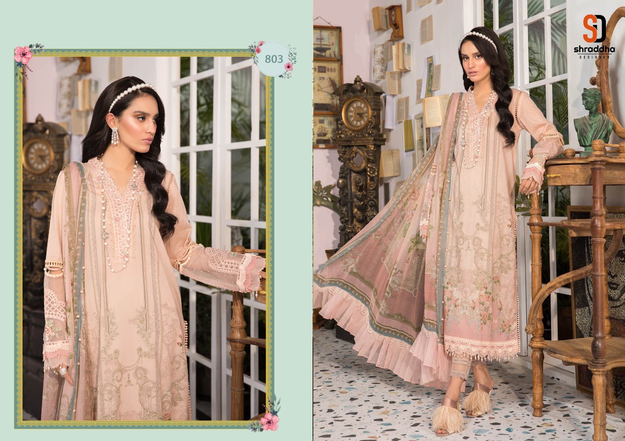Shraddha Designer M Print Vol 8 Lawn Cotton Printed With Heavy Embroidery Work Pakisatni Style Salwar Suits Wholesaler Surat