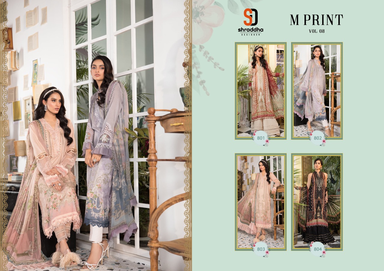 Shraddha Designer M Print Vol 8 Lawn Cotton Printed With Heavy Embroidery Work Pakisatni Style Salwar Suits Wholesaler Surat