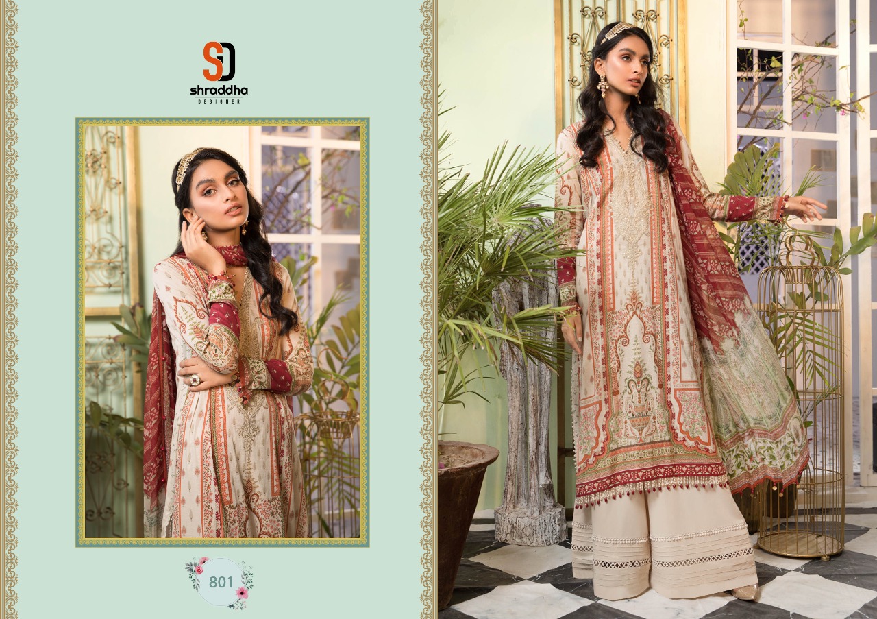 Shraddha Designer M Print Vol 8 Lawn Cotton Printed With Heavy Embroidery Work Pakisatni Style Salwar Suits Wholesaler Surat