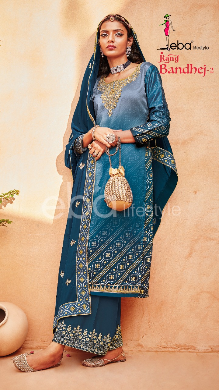 Eba Lifestyle Rang Bandhej Vol 2 Heavy Satin Digital Print With Embroidery Work Salwar Suits Wholesale Dealer Surat
