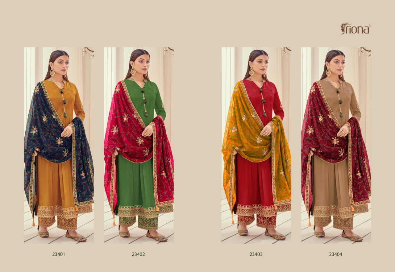 Fiona Zardosh Chinnon Full Flair With Plaiting Border & Sleeves Embroidery Work Dress Material Salwar Suit Wholesale Dealer Surat