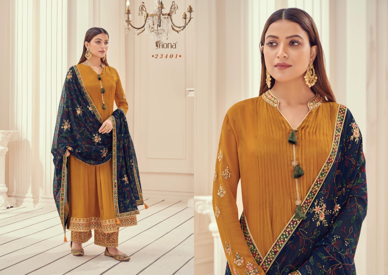 Fiona Zardosh Chinnon Full Flair With Plaiting Border & Sleeves Embroidery Work Dress Material Salwar Suit Wholesale Dealer Surat