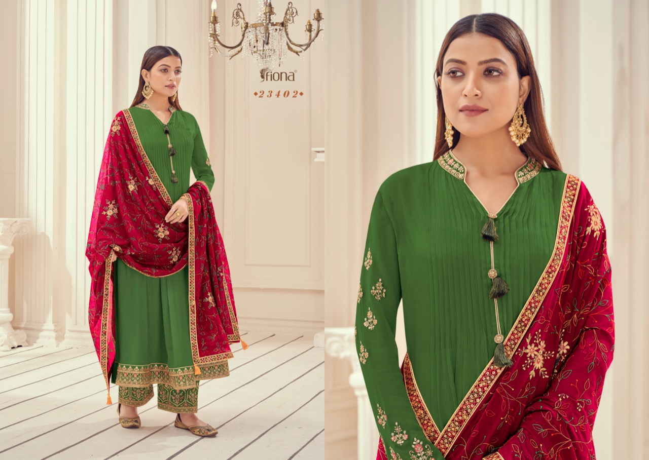 Fiona Zardosh Chinnon Full Flair With Plaiting Border & Sleeves Embroidery Work Dress Material Salwar Suit Wholesale Dealer Surat