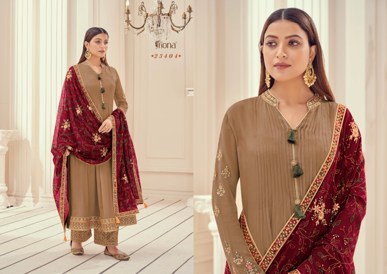 Fiona Zardosh Chinnon Full Flair With Plaiting Border & Sleeves Embroidery Work Dress Material Salwar Suit Wholesale Dealer Surat