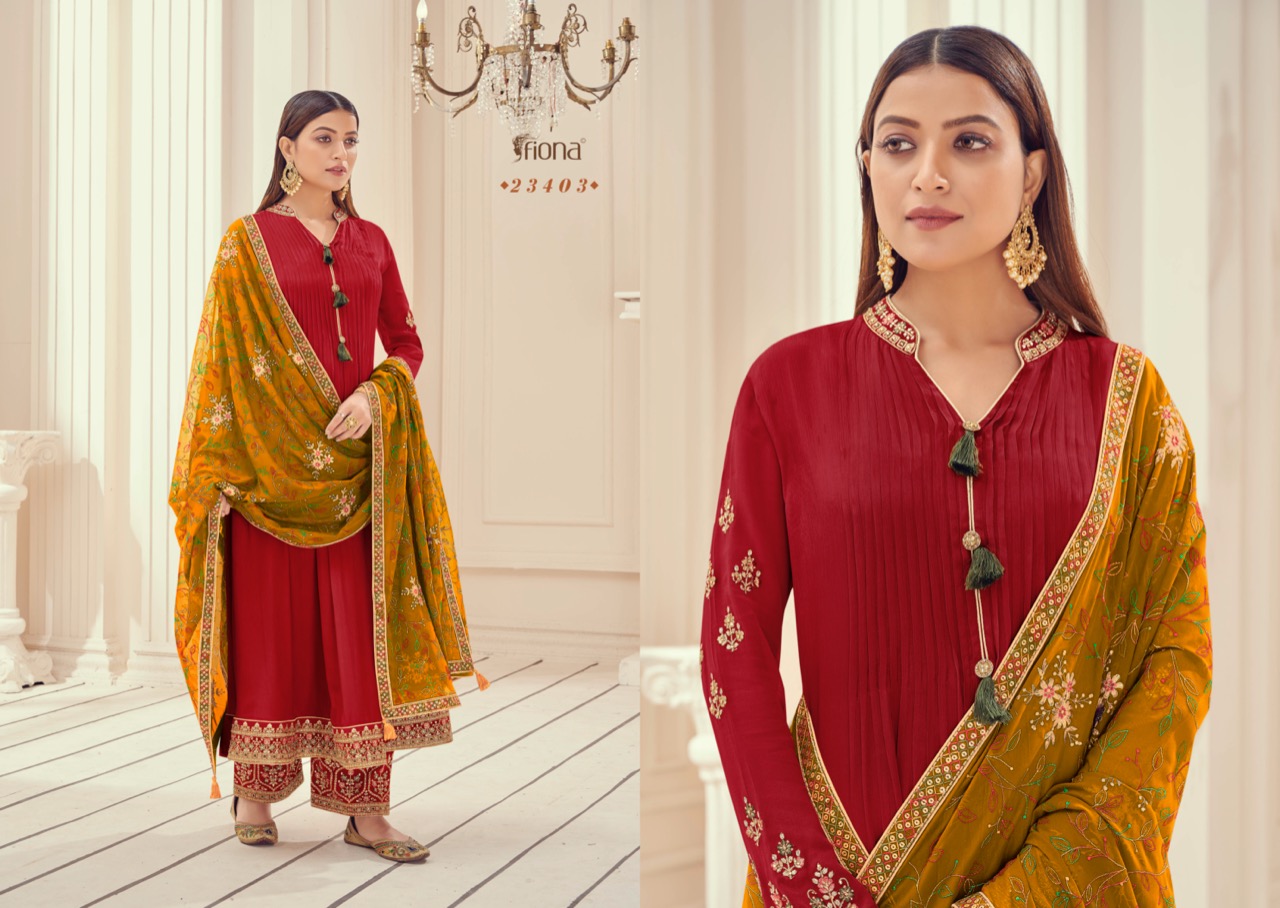 Fiona Zardosh Chinnon Full Flair With Plaiting Border & Sleeves Embroidery Work Dress Material Salwar Suit Wholesale Dealer Surat