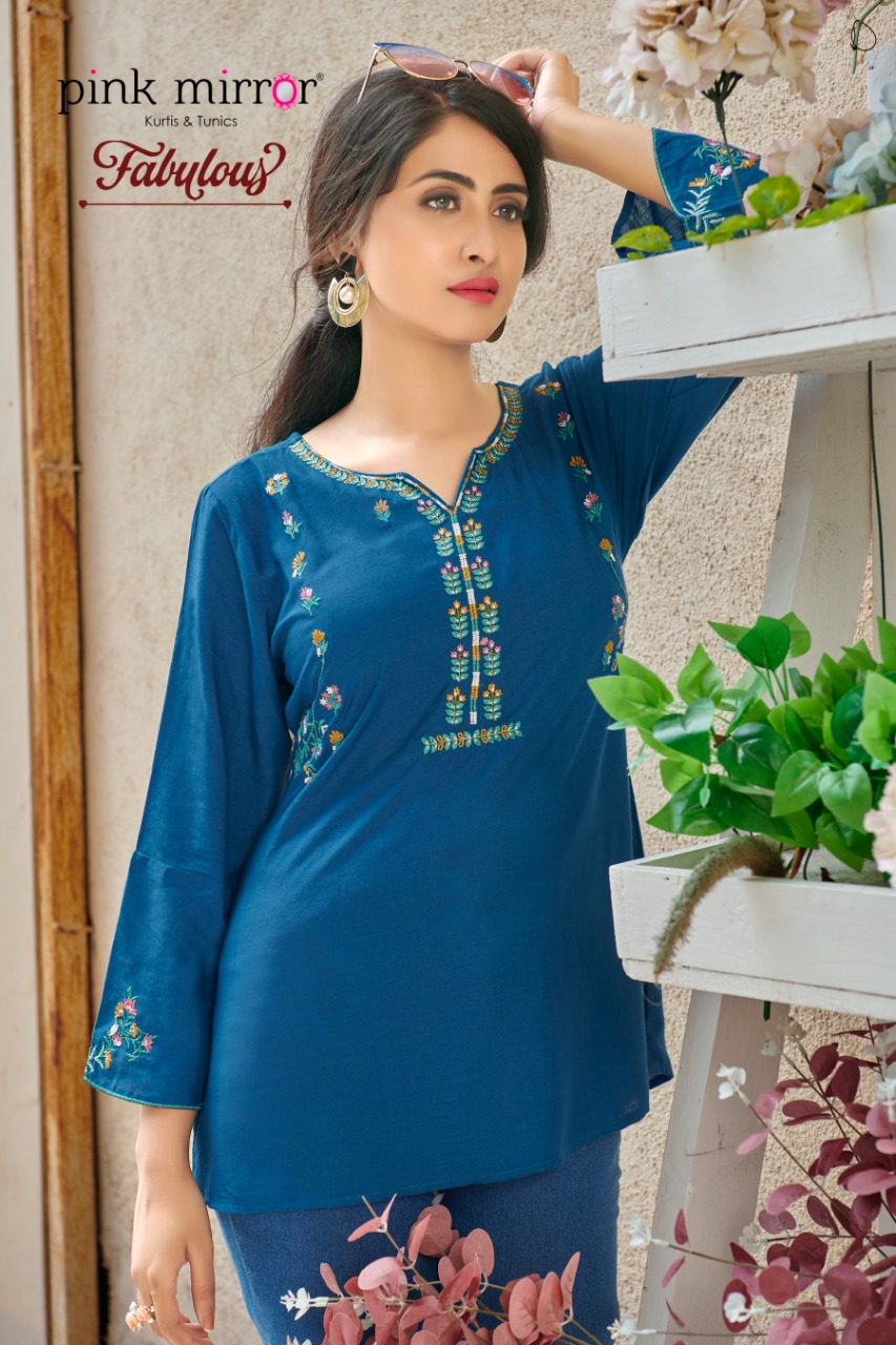 Pink Mirror Fabulous Rayon Slub With Fancy Embroidery Work Casual Wear Ready Made Short Tops Wholesale Dealer Surat