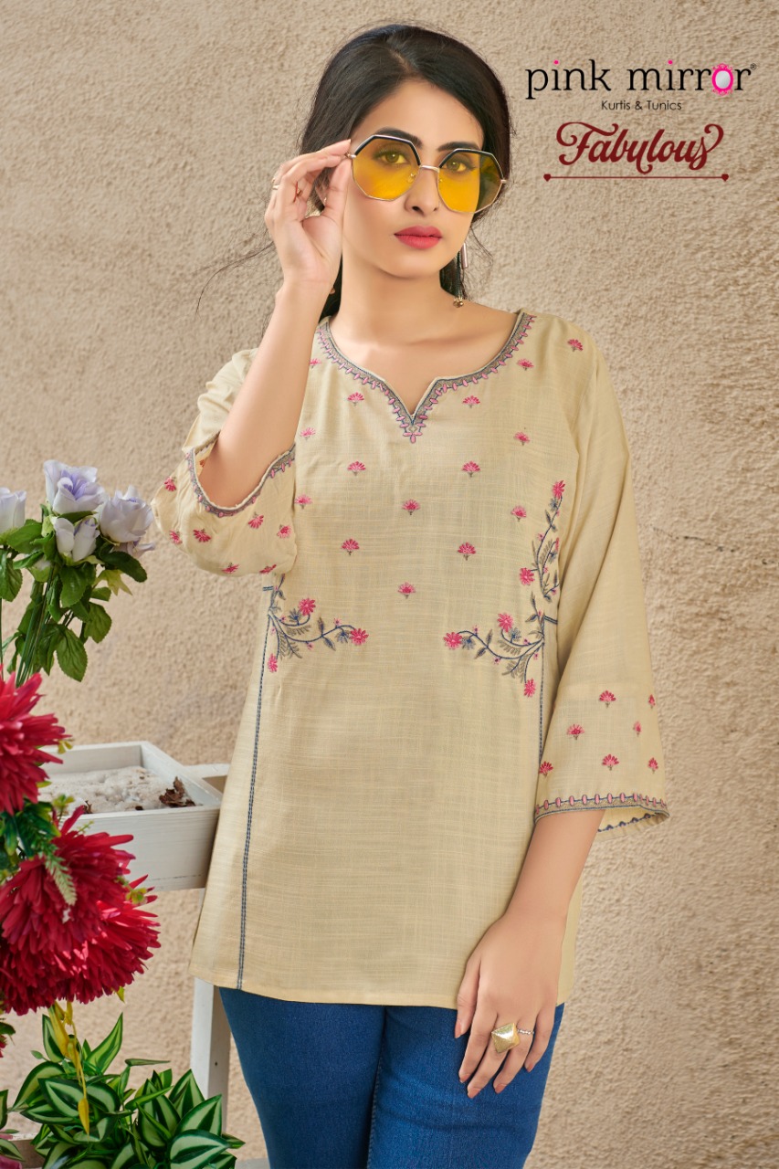 Pink Mirror Fabulous Rayon Slub With Fancy Embroidery Work Casual Wear Ready Made Short Tops Wholesale Dealer Surat