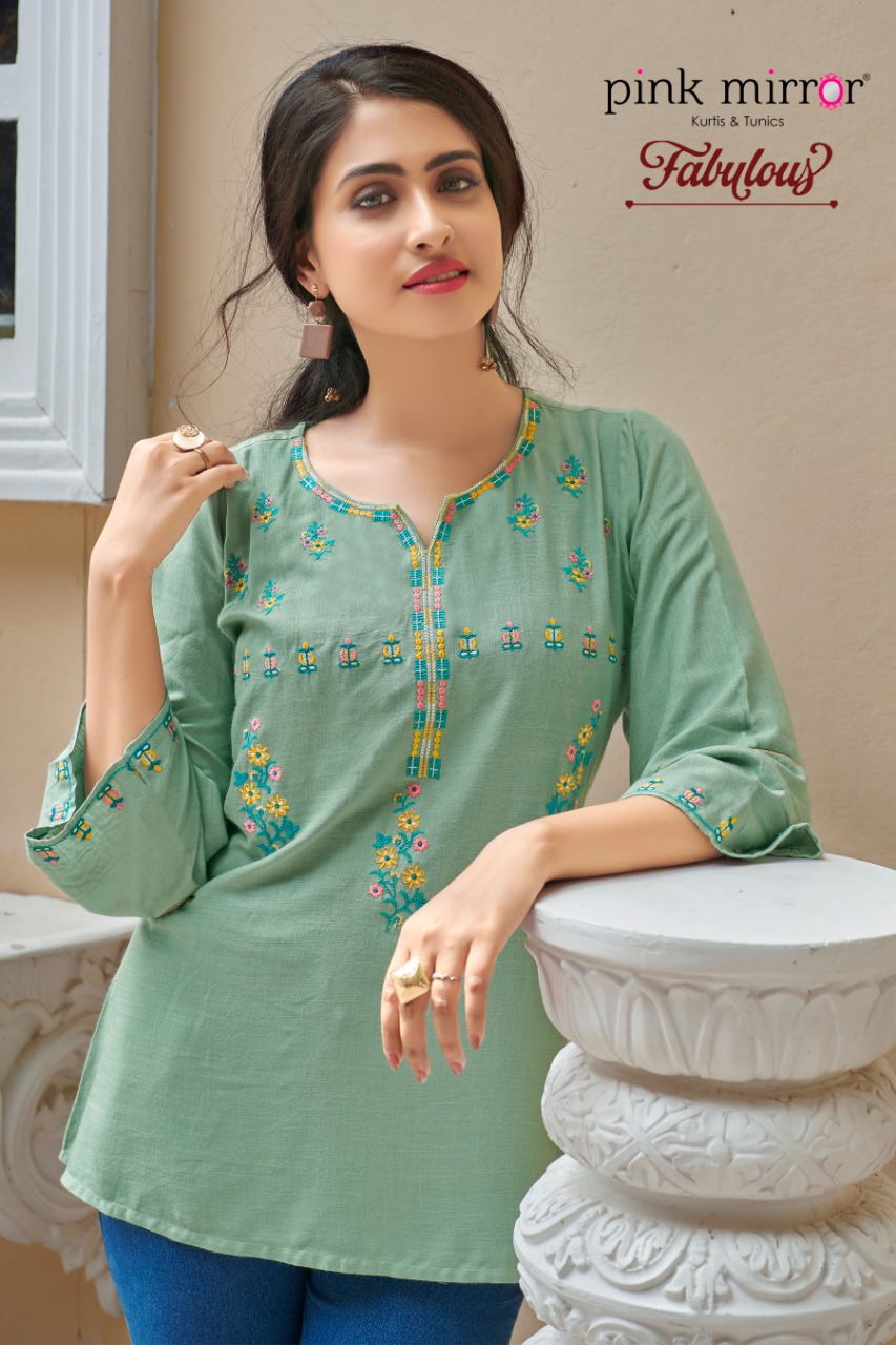 Pink Mirror Fabulous Rayon Slub With Fancy Embroidery Work Casual Wear Ready Made Short Tops Wholesale Dealer Surat