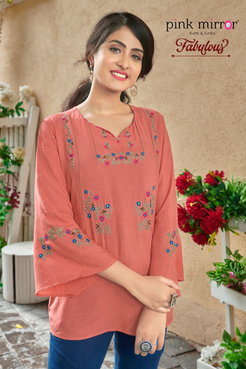 Pink Mirror Fabulous Rayon Slub With Fancy Embroidery Work Casual Wear Ready Made Short Tops Wholesale Dealer Surat