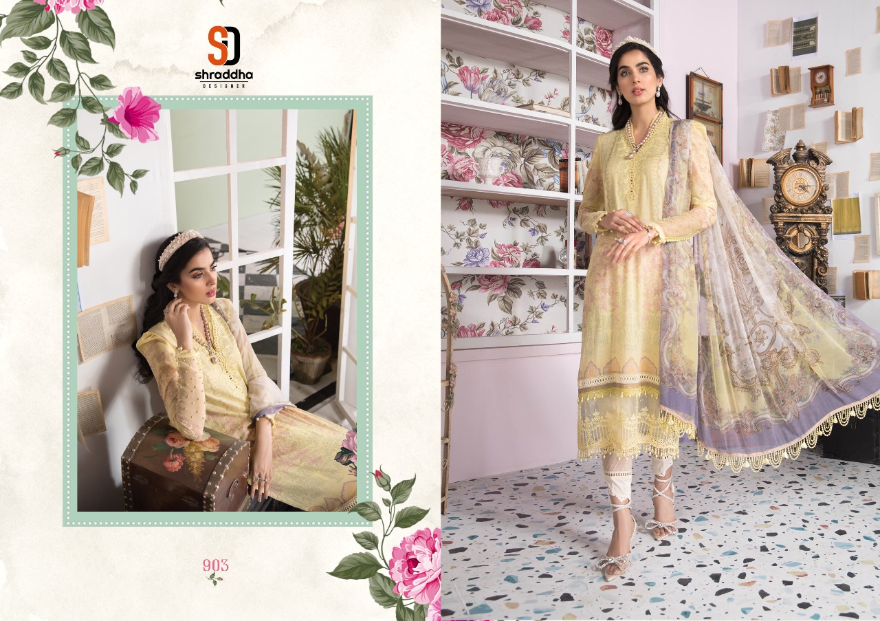 Shraddha Designer M Print Vol 9 Lawn Cotton Printed With Heavy Embroidery Work Salwar Kameez Wholesale Dealer Surat