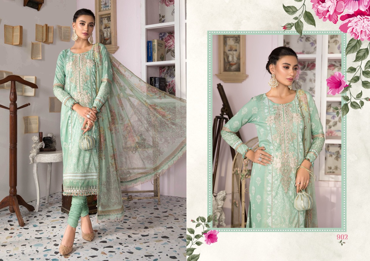 Shraddha Designer M Print Vol 9 Lawn Cotton Printed With Heavy Embroidery Work Salwar Kameez Wholesale Dealer Surat