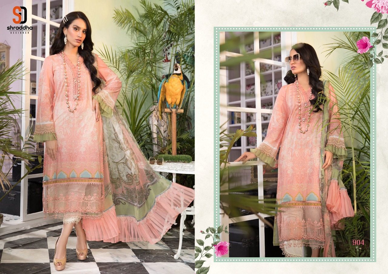 Shraddha Designer M Print Vol 9 Lawn Cotton Printed With Heavy Embroidery Work Salwar Kameez Wholesale Dealer Surat