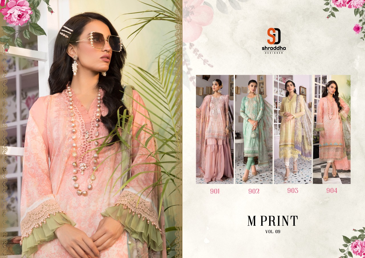 Shraddha Designer M Print Vol 9 Lawn Cotton Printed With Heavy Embroidery Work Salwar Kameez Wholesale Dealer Surat