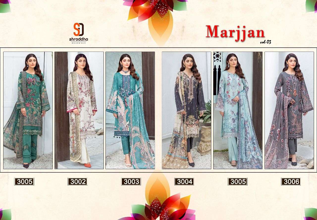 Shraddha Designer Marjjan Vol 3 Lawn Cotton Printed With Heavy Embroidery Dress Material Salwar Suit Wholesale Dealer Surat