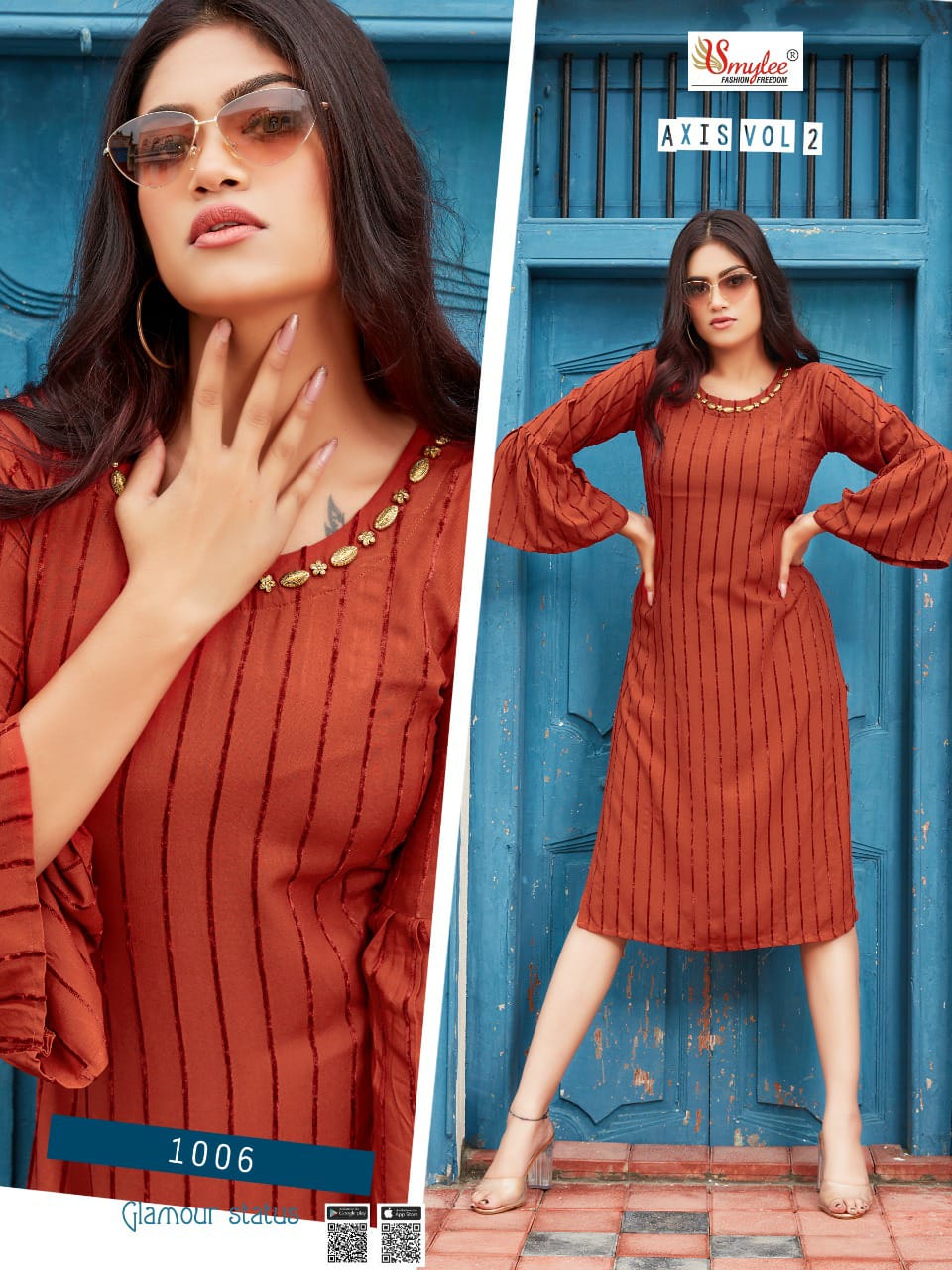 Smylee Fashion Axis Vol 2 Heavy Bombay Velvet Lining With Neck Work Readymade Casual Wear Kurti Wholesale Dealer Surat