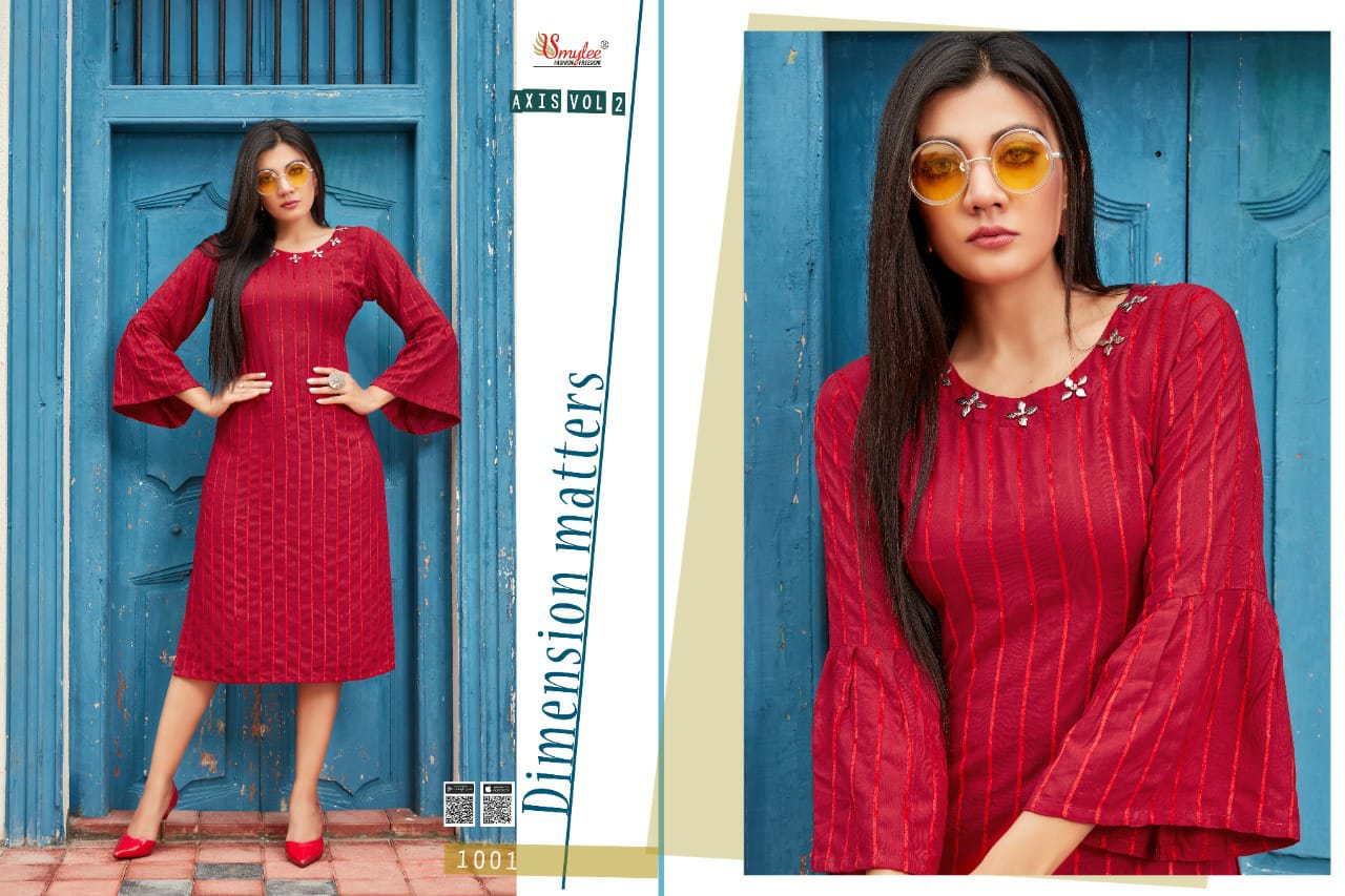 Smylee Fashion Axis Vol 2 Heavy Bombay Velvet Lining With Neck Work Readymade Casual Wear Kurti Wholesale Dealer Surat