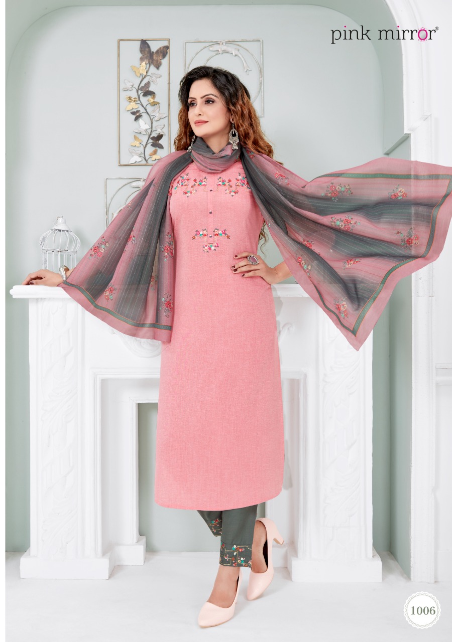 Pink Mirror Serenity Viscose Silk Kurti With Pant And Dupatta Wholesaler Surat