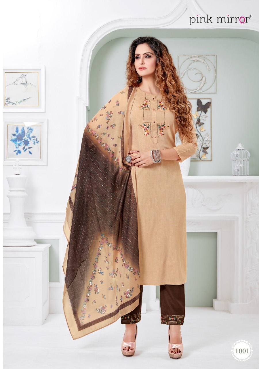 Pink Mirror Serenity Viscose Silk Kurti With Pant And Dupatta Wholesaler Surat