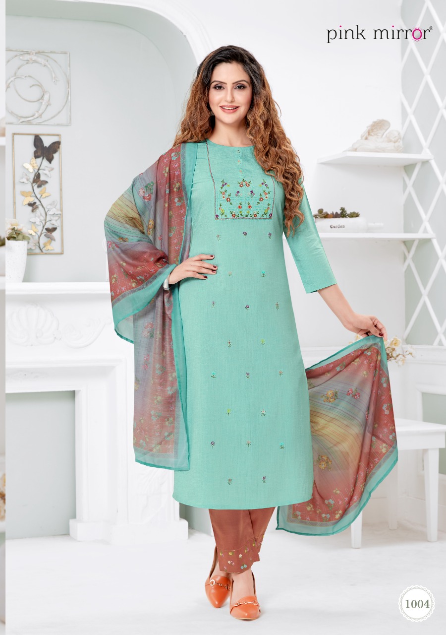 Pink Mirror Serenity Viscose Silk Kurti With Pant And Dupatta Wholesaler Surat